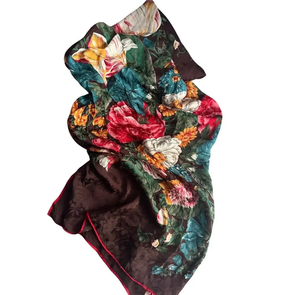 Ellen Tracy Floral Silk Blend Square Scarf Brown Red Tulip Garden Wrap